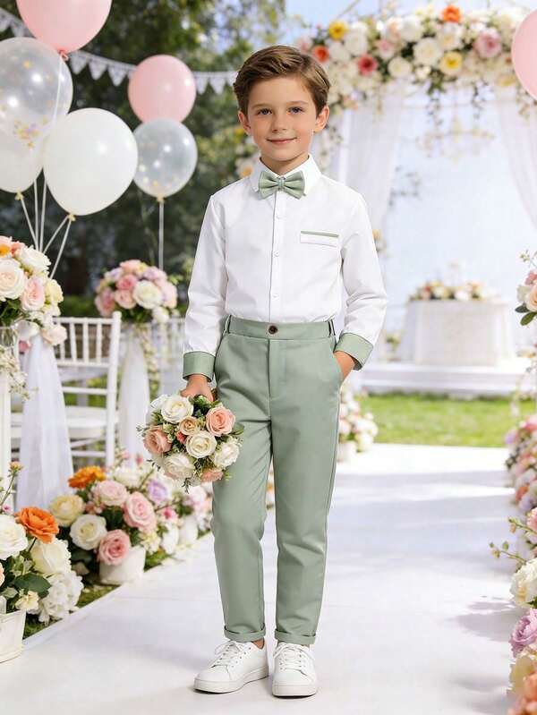 SHEIN 2 piezas Conjunto de camisa verde para niño preadolescente caballero: Camisa verde de manga larga + Corbata de moño + Pantalones verdes, elegante y conjunto para fiesta de cumpleaños, boda, recital, ceremonia de graduación, ocasiones formales