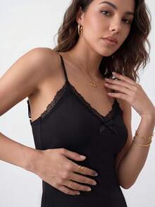 Rafferiza Lace Splice High Side Split Spaghetti Strap Sleep Dress Pajama Dress - Black - View 3
