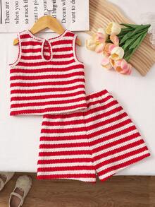 Souflis Souflis Young Girl Striped Textured Fabric Contrast Color 3D Bow Decor Round Neck Tank Top And Casual Shorts Set For Daily Outings - Red - View 2