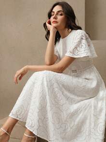 Savoree Elegant 3D Embossed Floral Jacquard White Cinched Waist Round Neck Flutter Sleeve Midi Dress For Women - White - View 1