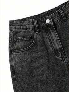 SHEIN 青少年女孩休閒牛仔寬鬆寬腿長褲附口袋 - 黑色 - 查看 3