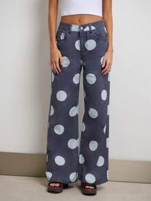 Nöista Jeans de pierna ancha con lunares y cintura alta para streetwear, festival y estilo Y2K. - Azul - Ver 3