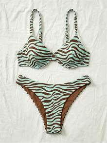 Bellisia Spaghetti Strap Zebra Print Bikini Swimwear, Summer Beach - Mint Green - View 1