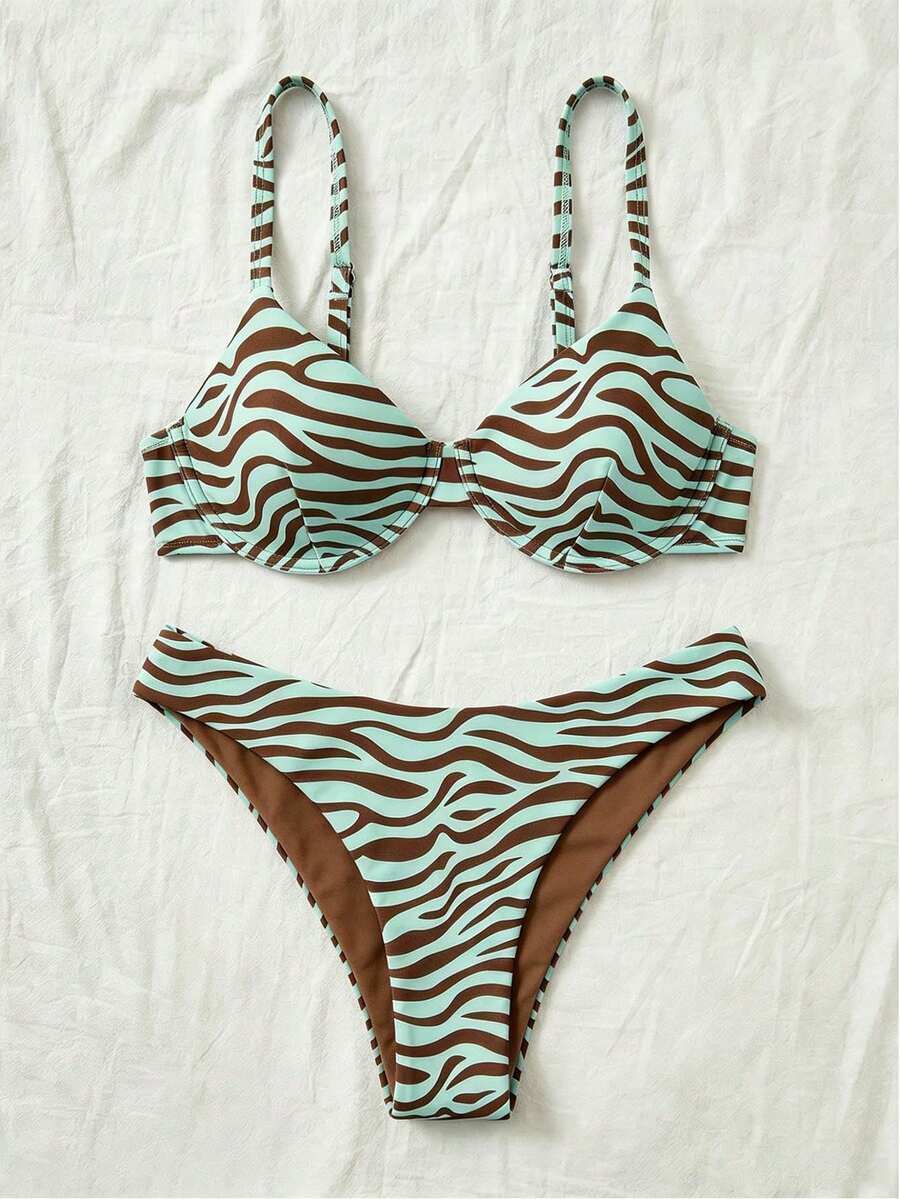 Bellisia Spaghetti Strap Zebra Print Bikini Swimwear, Summer Beach - Mint Green - View 1