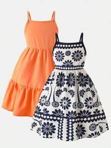Young Girls 2-Piece Set Summer New Camisole Dress Set Solid Vibrant Orange + Vintage Floral Print Style, Waist-Defining Ruffle Hem A-Line Dress, Versatile For Multiple Occasions, Flattering For All Body Types, Daily Outings / Beach Vacation / Photo-Ready Summer Outfit - Multicolor - View 2