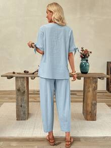 EMERY ROSE Women's 2pcs Light Blue Shirt + Ankle Pants Set - Blue - View 2