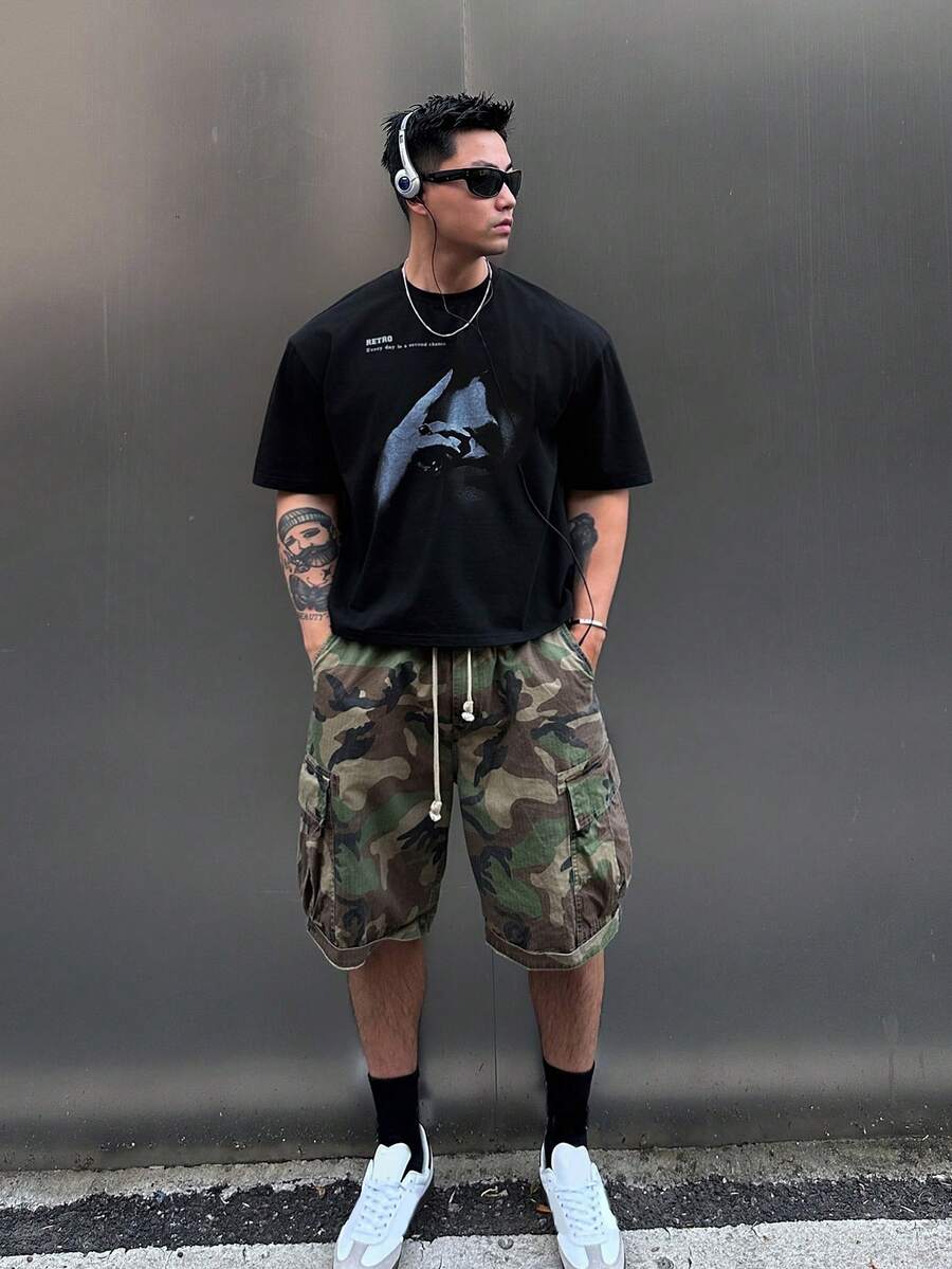 DAZY 男士圓領字母印花休閒百搭日常穿著短袖T恤 夏季 - 黑色 - 查看 1