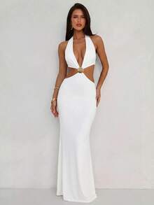Aloruh Robe longue ajustée pour femmes, décolleté plongeant, décoration de coquillage en métal, dos nu, pour vacances à la plage, bleue - Blanc - Voir 5