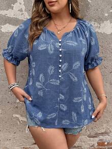 Ceyna Plus Size Women's French Casual Boho Elegant Faux Embroidery Print Short Sleeve Shirt Vacation Blue And White Summer - Navy Blue - View 3