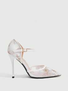 CUCCOO CHICEST Mesh Gold Thread Embroidered Pointed Back Empty Stiletto Sandals, New Chinese Style, Banquet High Heels - White - View 1