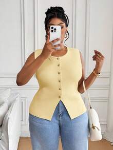 SHEIN PETITE CURVE 大尺碼女款休閒純色前開扣無袖針織上衣，夏季女裝 - 淡黃色 - 查看 7