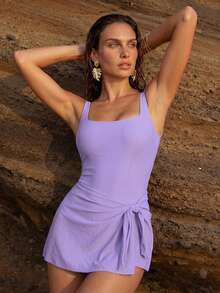 Swim Chiccia Women's Solid Color Side Knot One-Piece Swimsuit For Vacation - Mauve Purple - View 3