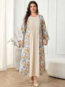 Al Najma 大码女式花卉图案褶皱设计优雅阿拉伯风格连衣裙 - 彩色 - 查看 5