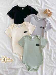 Vintaside Kids 男嬰春夏多色領口三角領短袖連身衣4件套，四款基礎配色：奶油杏色、淺灰色、純黑色，百搭耐穿，簡約休閒舒適時尚，針織面料寬鬆版型，左胸字母貼布，適合日常外出、休閒、新生兒周歲派對及百日宴 - 彩色 - 查看 2