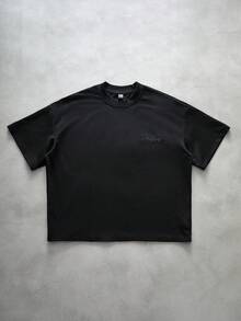 Manfinity Homme Camiseta de manga corta con cuello redondo y patrón de cruz 3D de ajuste regular para hombres, estilo callejero casual, unicolor - Negro - Ver 6