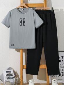 SHEIN 青少年男孩 2件/套 休閒舒適百搭對比字母圖案印花短袖上衣與長褲套裝，適合春/夏，日常穿著、運動、外出、學校、派對、節慶、拍照 - 彩色 - 查看 3