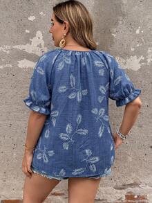 Ceyna Plus Size Women's French Casual Boho Elegant Faux Embroidery Print Short Sleeve Shirt Vacation Blue And White Summer - Navy Blue - View 2