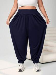 SHEIN CURVE+ Curve Plus 素色長版束口長褲附口袋，大尺碼，清爽面料，夏季 - 藏蓝色 - 查看 7