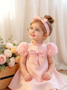 SHEIN Glamorique Kids 女嬰粉色正式禮服 3D玫瑰刺繡短袖洋裝，嬰兒生日禮服適用於婚禮、晚宴、派對、日常穿著、拍照、度假、夏季穿搭、派對穿搭指南 - 粉色 - 查看 2