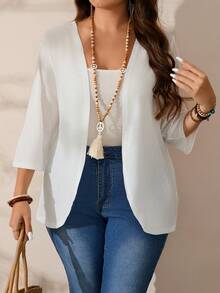 SHEIN PETITE CURVE Chaqueta casual de talla grande de unicolor para vacaciones - Blanco - Ver 4