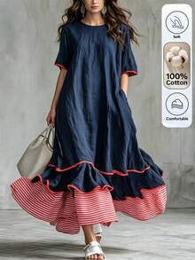 Omancia Wandoria Store 2026 夏季新款海軍藍配色紅條紋休閒舒適日常穿著女款時尚舒適棉質洋裝 - 藍色 - 查看 3
