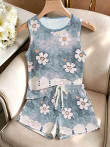 SHEIN LUNE 两件套女士复古休闲印花背心，舒适的印花图案，适合休闲度假，春夏穿着。 - 彩色 - 查看 3