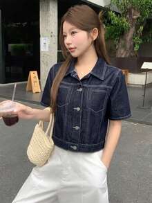 DAZY 女款韓系修身優雅夏季牛仔上衣，適合年輕女孩 - 藍色 - 查看 5
