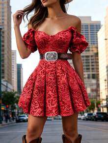 SHEIN Vestido Curto Feminino de Verão Romântico Elegante Vintage Anos 50 para Férias, Tecido Texturizado com Flores 3D, Bainha Plissada, Cintura Marcada, Festa e Encontro, Vermelho - Vermelho - Visão 1