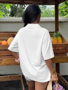 SHEIN EZwear 白色針織女款刺繡短袖T恤 - 白色 - 查看 2