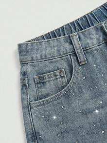 SHEIN Shorts vaqueros casuales de verano para adolescentes con bolsillos en diagonal y lavado con diamante de imitación - Azul lavado medio - Ver 3
