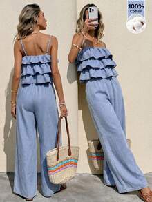 Serisse Damen Sommer Rüschen Träger Denim Jumpsuit Sommer Festival Kostüm Pendeln Urlaub Abschluss Chic Y2K Süß Streetwear Coquette Party Hochzeit Elegant Business Casual Frau Business Strand Abschluss Ausgehen Geburtstag - Blau - Übersicht 9