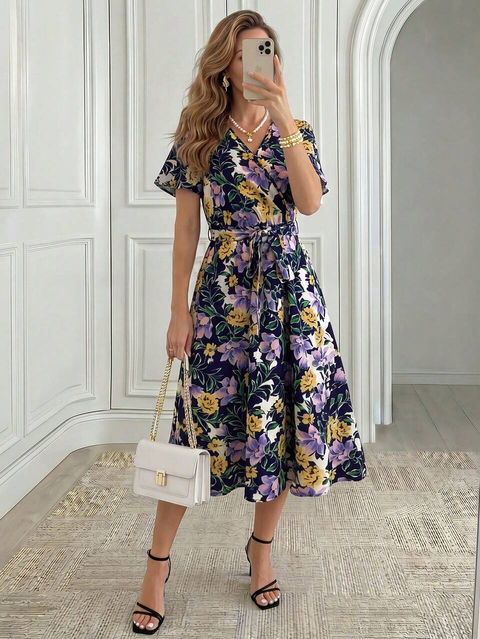Women's Elegant Floral Print Surplice Neck Belted Mid-Length Dress, Vacation Style,,Summer Dress,Holiday Outfits For Women,Floral Dresses For Women