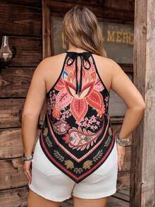 SHEIN CURVE+ 大尺碼女款花卉印花休閒掛脖背心 - 黑色 - 查看 2