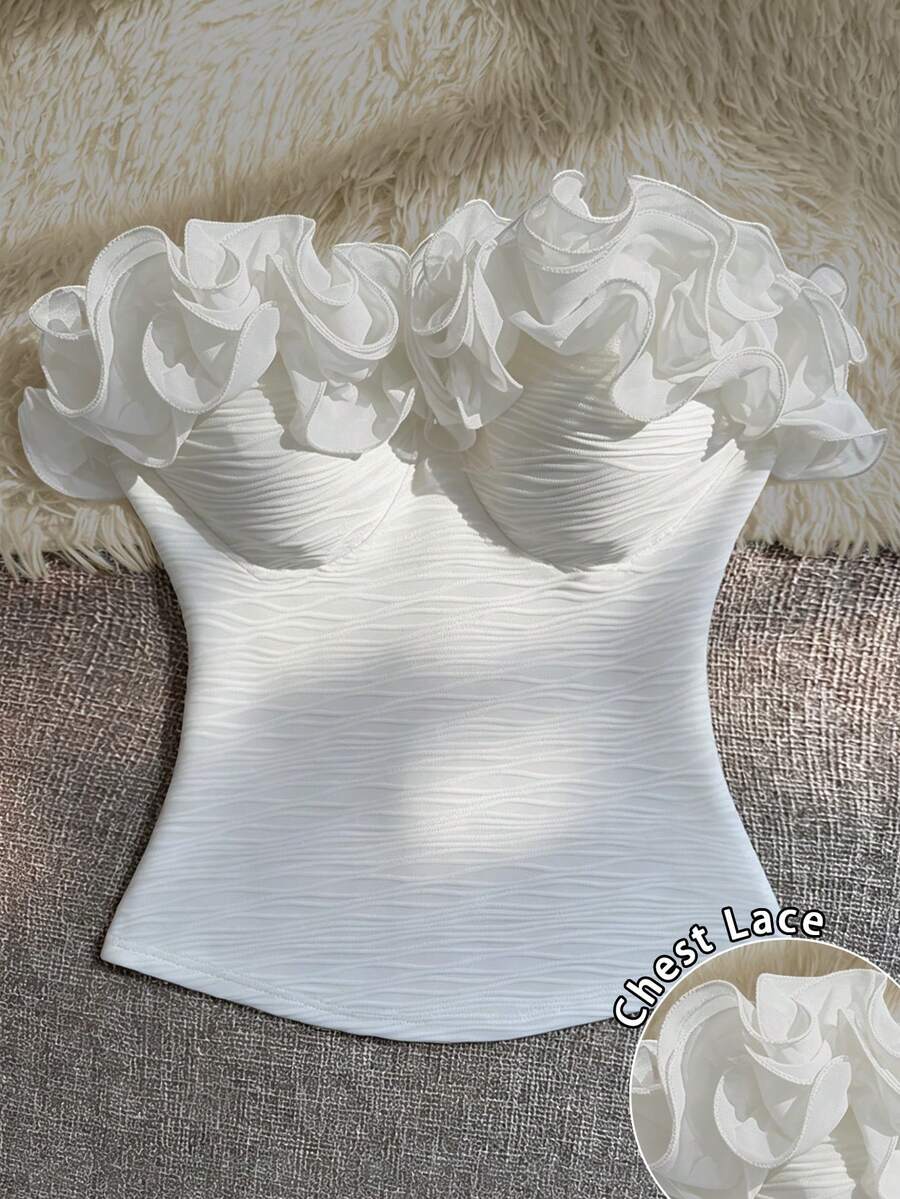 Franclia Ruffle Pleated Solid Color Sexy Bandeau Tank Top - White - View 1