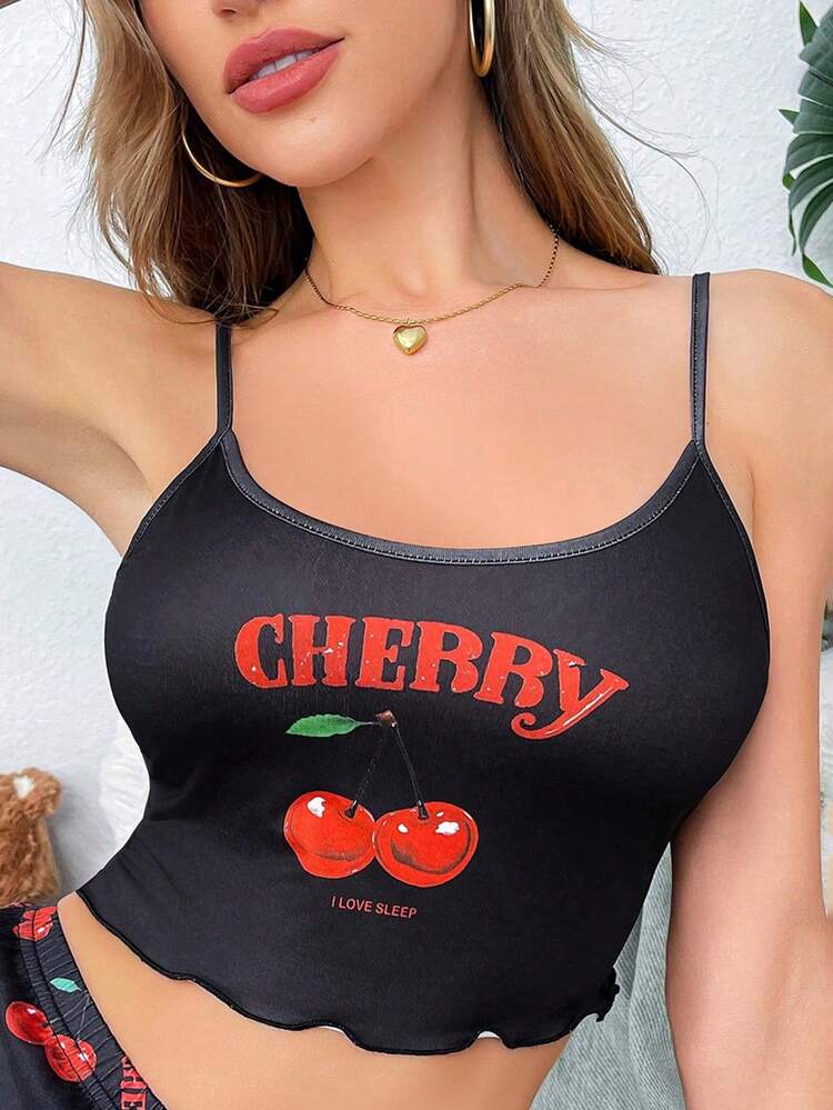 Softscene Women's Cute Black Cherry Print Spaghetti Strap Pajama