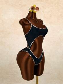 Swim Vcay Fashionable Resort Viral Leopard Print Drawstring One-Piece Swimsuit, Hot Selling For Spring/Summer - Black - View 5
