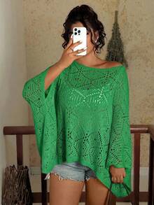 Travachic Plus Size Fashionable Solid Color Hollow Out Batwing Sleeve Sweater Autumn Winter Clothes For Women Fall - Green - View 1