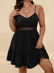Travachic Plus Size Summer Casual Solid Color Spaghetti Strap Dress - Black - View 3