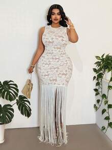 Maweii Plus Size Sexy Sexy Fitted Tassel Ribbon Women's Dress - White - View 5