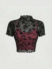 SHEIN MOD 大尺碼天鵝絨網眼立領T恤，適合冬季 - 酒紅色 - 查看 1