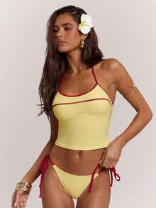 SHEIN BAE Damtankini-baddräktset för sommar och strand med knytning i nacken - Gul - Visa 5