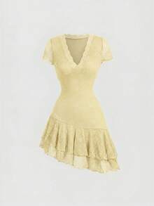 Skyraze Asymmetric Ruffle Lace Short Dress - Light Yellow - View 4
