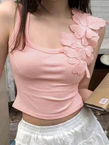 DAZY 女款 3D 花卉裝飾 羅紋修身時尚背心上衣 夏季 - 粉色 - 查看 1