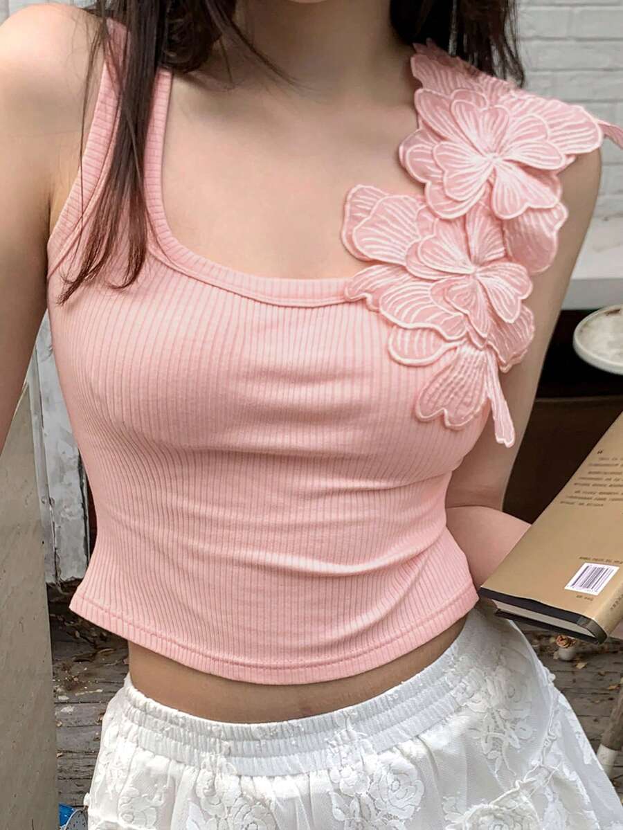 DAZY 女款 3D 花卉裝飾 羅紋修身時尚背心上衣 夏季 - 粉色 - 查看 1