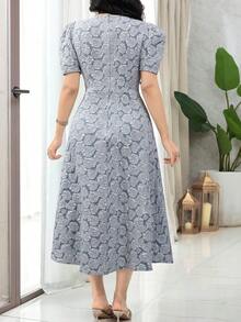 Feyla Plus Size Women's Jacquard Round Neck Short Petal Sleeve Elegant Dress Wedding Light Blue Summer - Blue - View 2