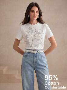 Anewsta Elegant Women's Top, Minimalist Casual Summer Sequin Embroidered Short Sleeve T-Shirt, 95% Cotton Top - White - View 3