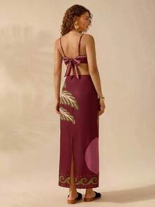 CAJUNI Women's Fashionable Vacation Floral Print Spaghetti Strap Long Dress - Burgundy - View 2