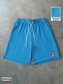 LOONEY TUNES X SHEIN PAVTROS Men's Cartoon Print Drawstring Waist Summer Shorts With Slant Pockets - Blue - View 3