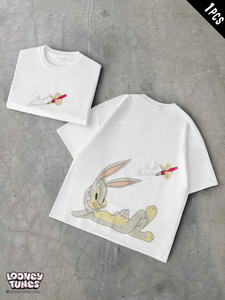 LOONEY TUNES X SHEIN PAVTROS 男士休闲卡通印花短袖T恤 - 白色 - 查看 1