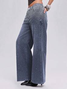 ROMWE Y2k Hot Girl Party Music Festival Outfit Gradient Rhinestone Women's Loose Wide Leg Jeans - Dark Wash - View 7